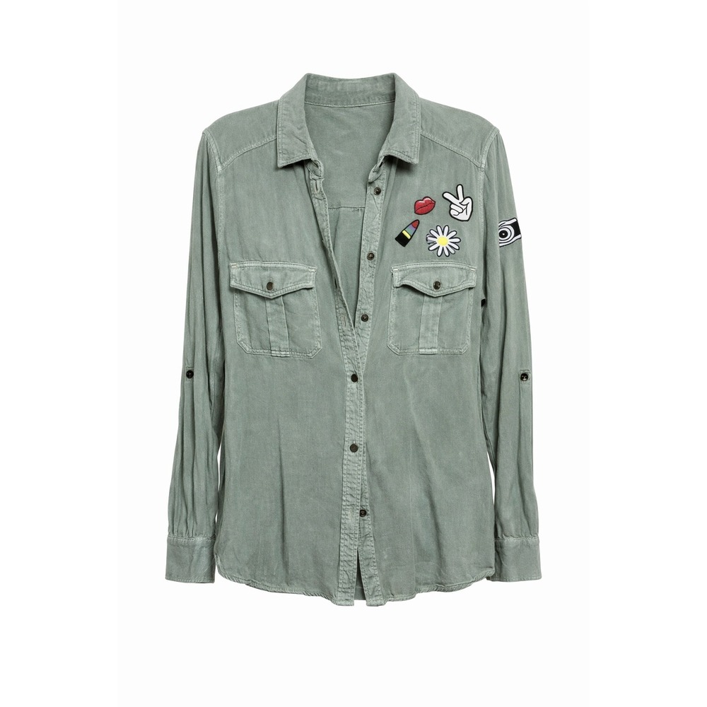 American Eagle Boyfriend Fit Utility Shirt Olive Green Patch Button Up Medium